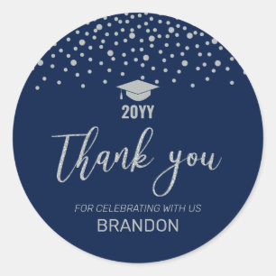 Sticker Rond Silver & Navy Confetti 2022 Graduation Party Favor