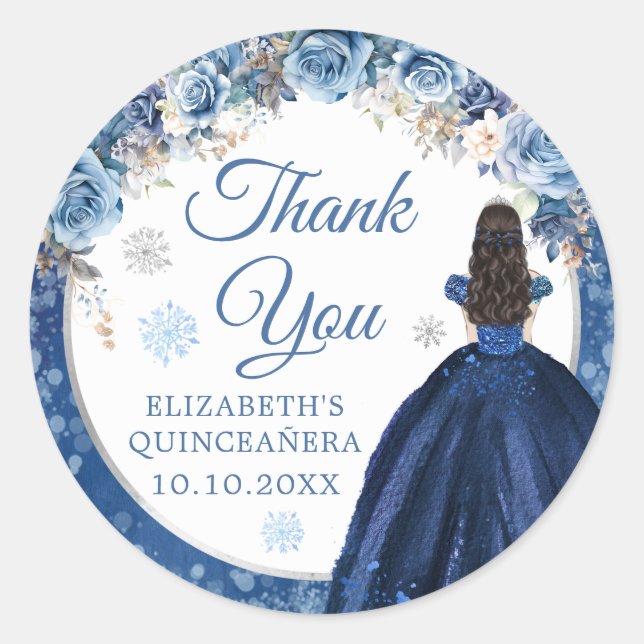 Sticker Rond Silver Navy Winter Snowflake Mis Quince Merci (Devant)