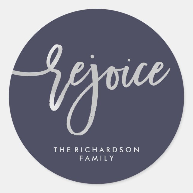 Sticker Rond Silver Rejoice | Script moderne sur Midnight Blue (Devant)