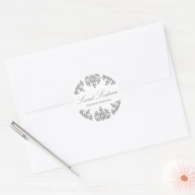Sticker Rond Silver Snowflake Winter Sweet 16 (Enveloppe)