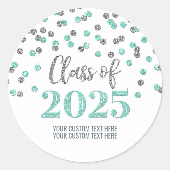 Sticker Rond Silver Turquoise Confetti Graduation 2025 (Devant)