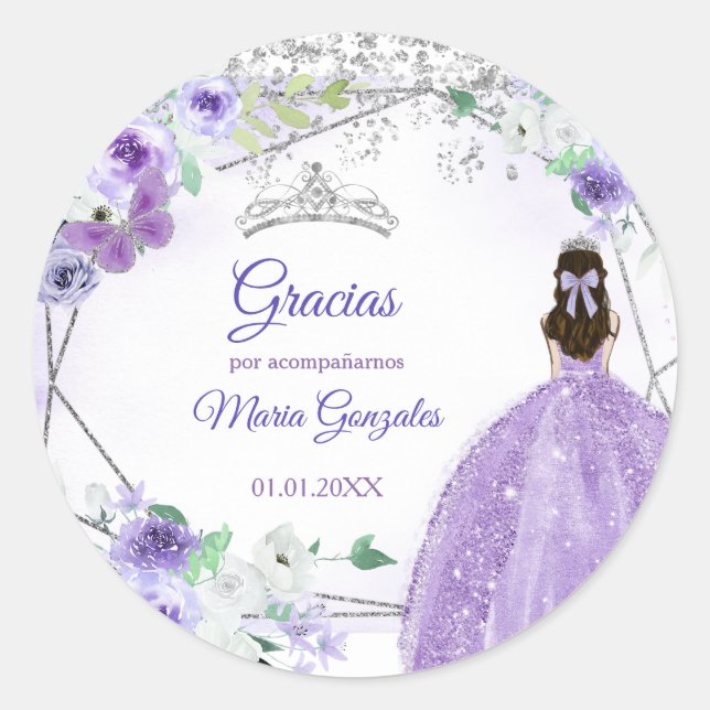 Sticker Rond Silver Violet Quinceañera Favoriser Merci Cadeau (Devant)