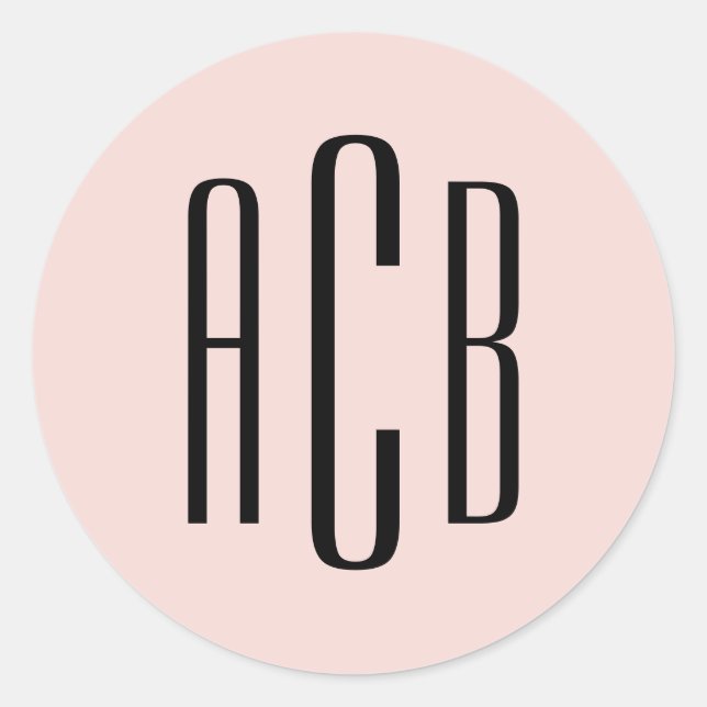 Sticker Rond Simple Blush et Monogramme à Trois Lettres Noir (Devant)