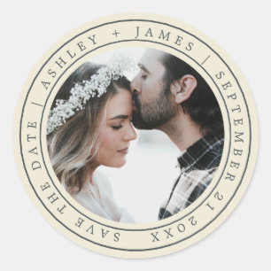 Sticker Rond Simple Chic Enregistrer la date Mariage Photo Anti