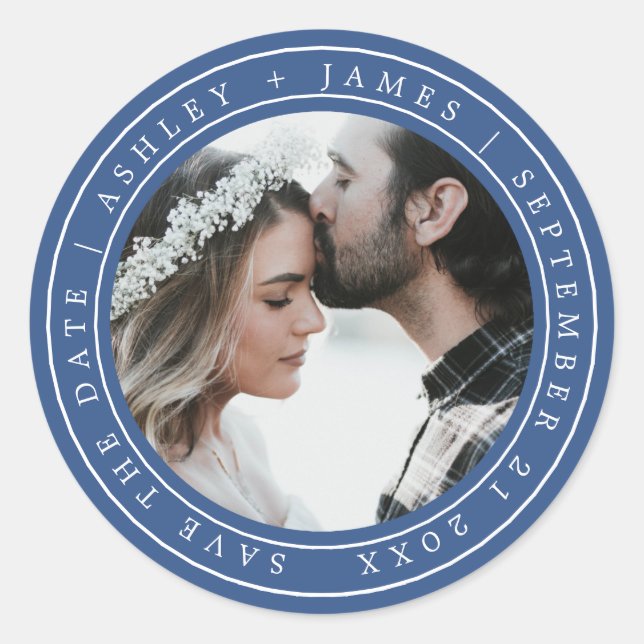 Sticker Rond Simple Chic Enregistrer la date Mariage Photo Bleu (Devant)