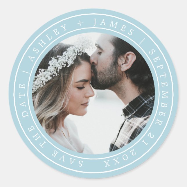 Sticker Rond Simple Chic Enregistrer la date Mariage Photo Blue (Devant)