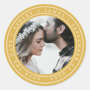 Sticker Rond Simple Chic Enregistrer la date Mariage Photo Jaun