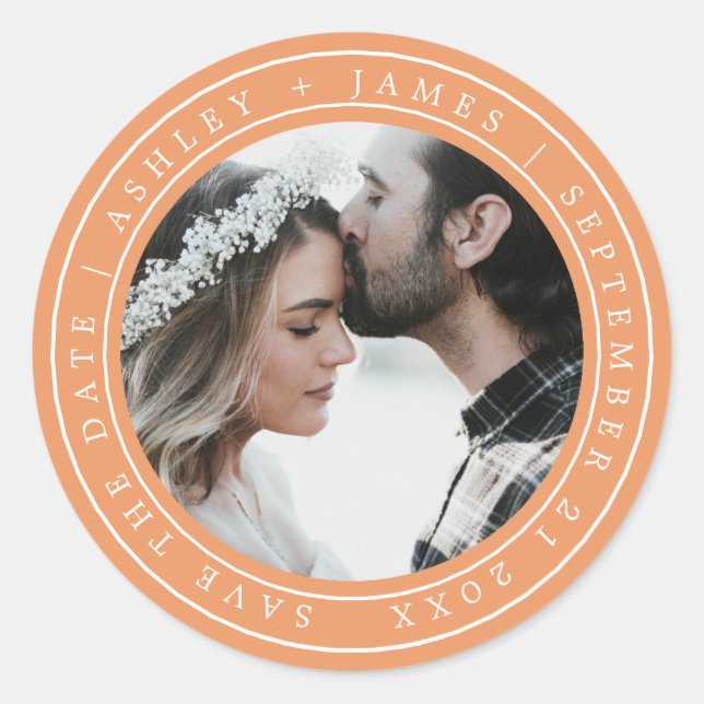 Sticker Rond Simple Chic Enregistrer la date Mariage Photo Oran (Devant)