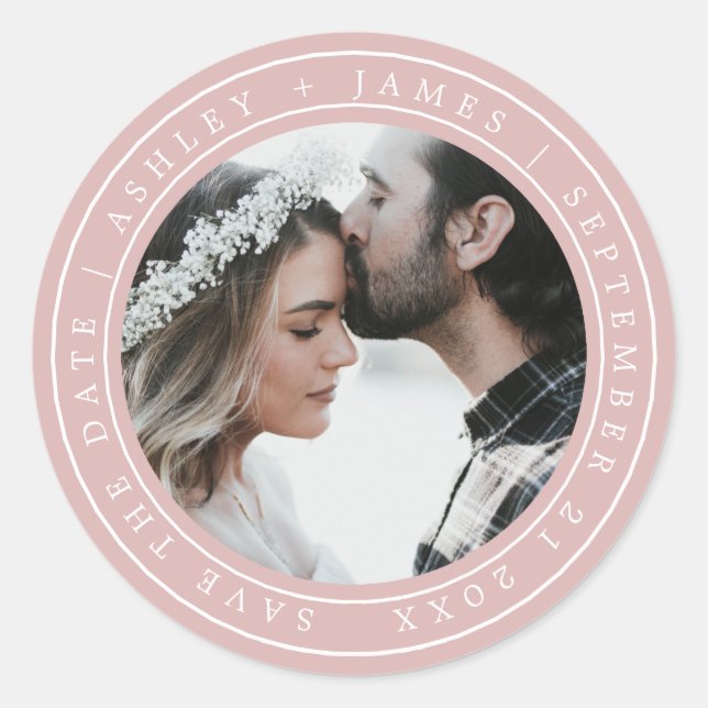 Sticker Rond Simple Chic Enregistrer la date Mariage photo rose (Devant)