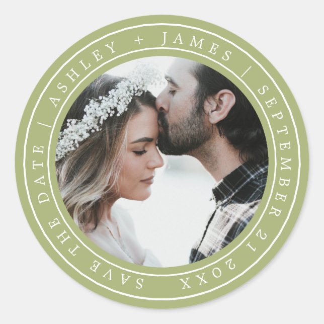 Sticker Rond Simple Chic Enregistrer la date Mariage photo vert (Devant)