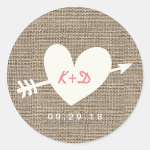 Sticker Rond Simple Coeur & Flèche Rustique Burlap Mariage Fave