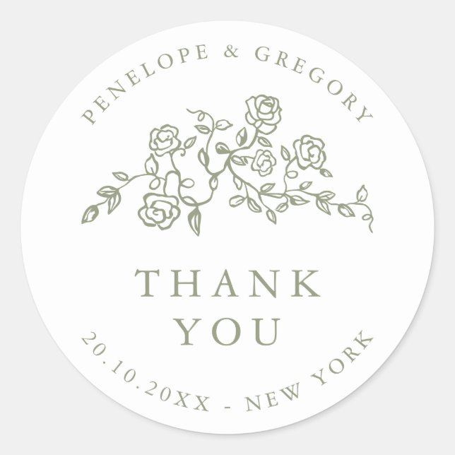 Sticker Rond Simple Delicate Mariage Floral Sage merci (Devant)
