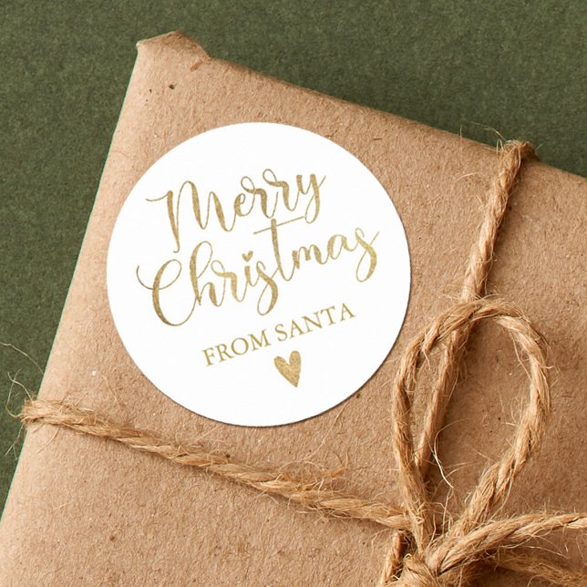 Sticker Rond Simple écriture calligraphique de Joyeux Noël en o (An elegant Gold and white Christmas gift sticker. Personalize it with your name)