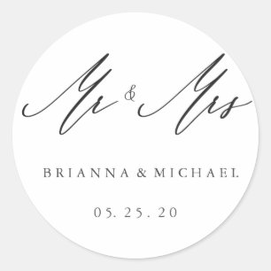 Sticker Rond Simple élégante calligraphie M. et Mme Mariage