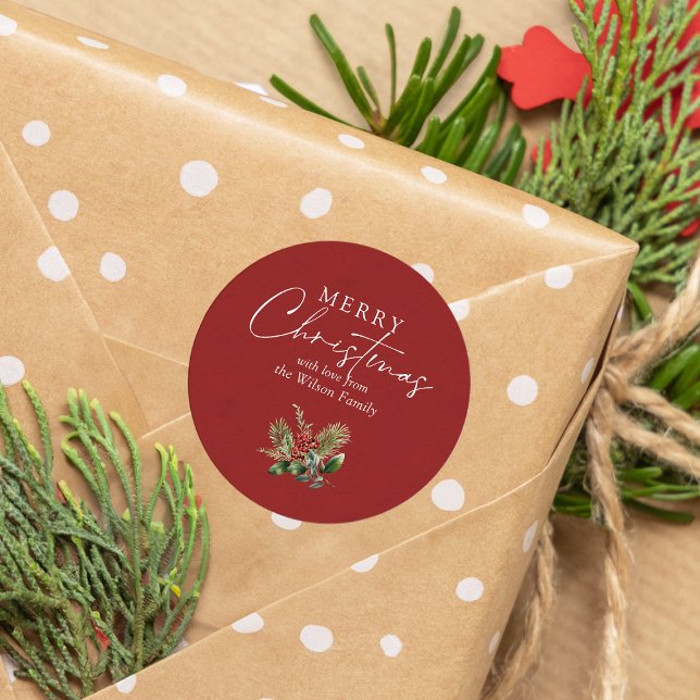 Sticker Rond Simple élégante verdure de Noël rouge (Créateur téléchargé)