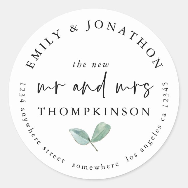 Sticker Rond Simple Eucalyptus Newlyweds Nom de retour Adresse (Devant)