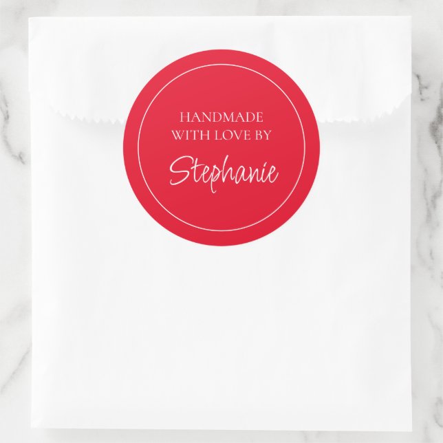 Sticker Rond Simple fait main avec amour Nom Rouge (Sac)