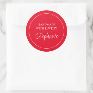 Sticker Rond Simple Fait Main avec Amour Nom Rouge