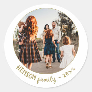 Sticker Rond Simple Festif Golden Christmas Family Photo