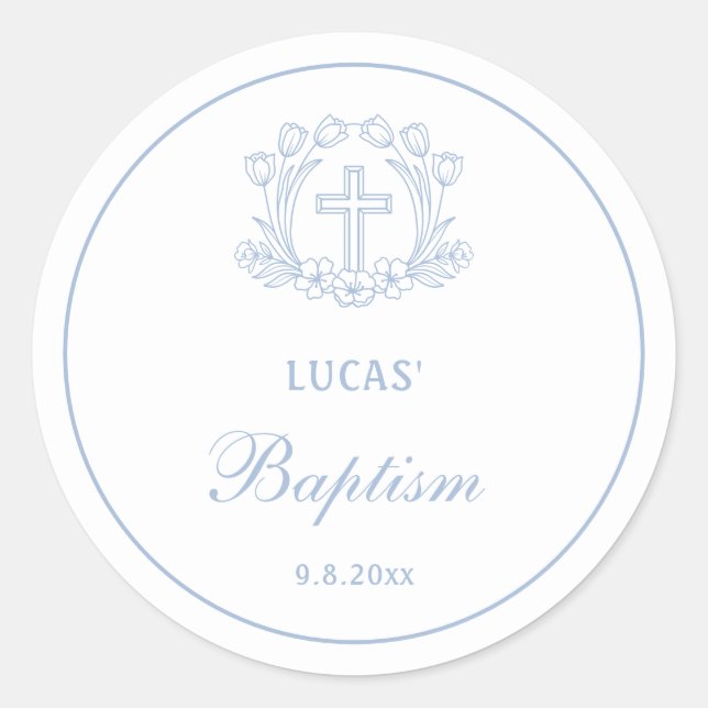 Sticker Rond Simple Floral Croix Bleue Baptême (Devant)