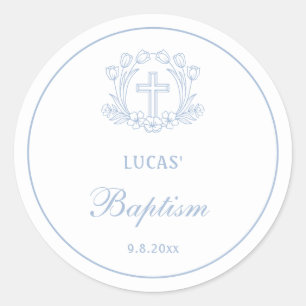 Sticker Rond Simple Floral Croix Bleue Baptême