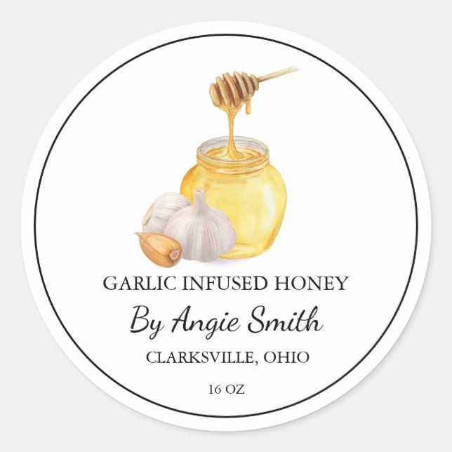 Sticker Rond Simple Garlic Infused Honey Label (Devant)