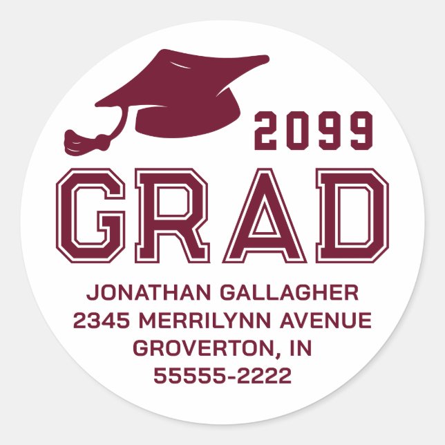 Sticker Rond Simple Graduation Maron Année GRAD Adresse de reto (Devant)