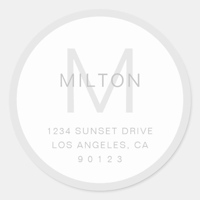 Sticker Rond Simple gris et blanc Monogramme & Adresse de retou (Devant)