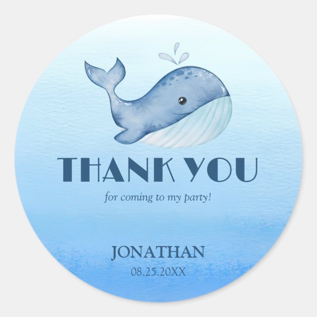 Sticker Rond Simple mignonne Baleine Bleu Mer Merci d'anniversa (Devant)