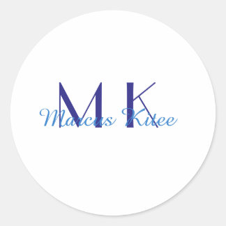 Sticker Rond simple minimal monogram personalized name blue ret