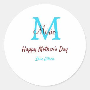 Sticker Rond simple minimum jour mère bleu monogramme rose nom