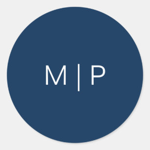 Sticker Rond Simple Moderne Mariage Monogramme Bleu Marine