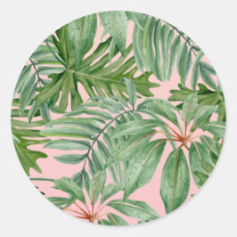 Sticker Rond Simple moderne Pink Palm Leaf Tropical Floral