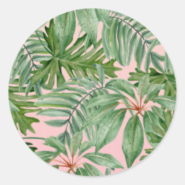 Sticker Rond Simple moderne Pink Palm Leaf Tropical Floral