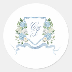 Sticker Rond Simple Monogramme Bleu Poussiéreux Mariage Crête