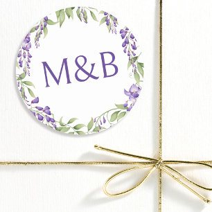 Sticker Rond Simple Monogramme Élégant Mariage Floral Violet