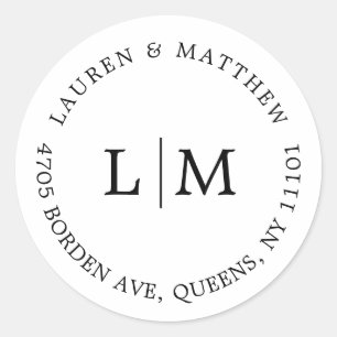 Sticker Rond Simple Monogramme Mariage Élégant Noir et Blanc