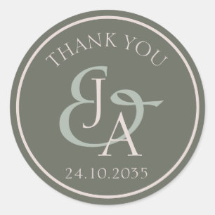 Sticker Rond Simple Monogramme Vert Sauge Faveur de Mariage