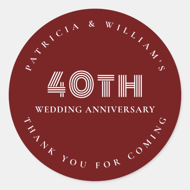 Sticker Rond Simple Remerciement de 40e Anniversaire de Mariage (Devant)