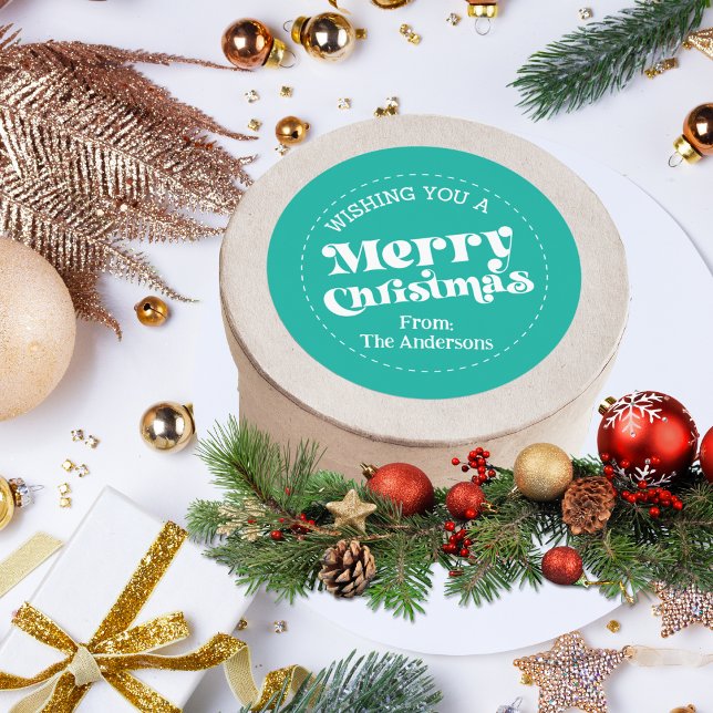 Sticker Rond Simple rétro Turquoise Noël Grand (Merry Christmas Retro Font Packaging Sticker in Teal)