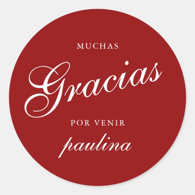 Sticker Rond Simple Rouge Blanc Quinceañera Gracias Nom du scri (Devant)