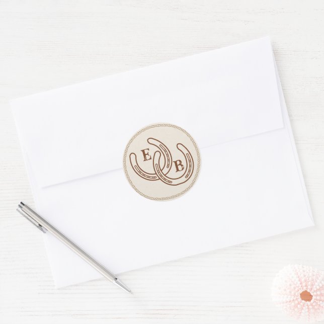 Sticker Rond Simple Western Horseshoe Wedding Monogram (Enveloppe)