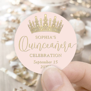 Sticker Rond Simplement élégant Quinceañera Couronne Blush Pink