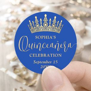 Sticker Rond Simplement élégant Quinceañera Crown Royal Blue & 
