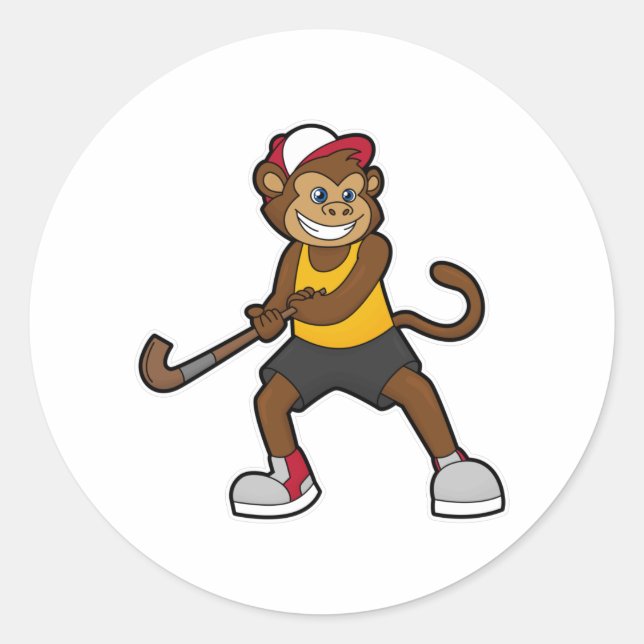 Sticker Rond Singe à Hockey avec bâton de hockey (Devant)