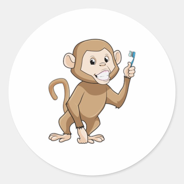 Sticker Rond Singe avec brosse à dents (Devant)