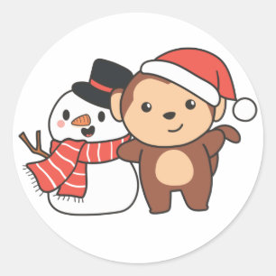 Sticker Rond Singe Avec Snowman En Hiver Pour Noël Classi