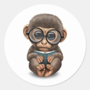 Sticker Rond Singe Bébé mignon Lire un livre sur le blanc