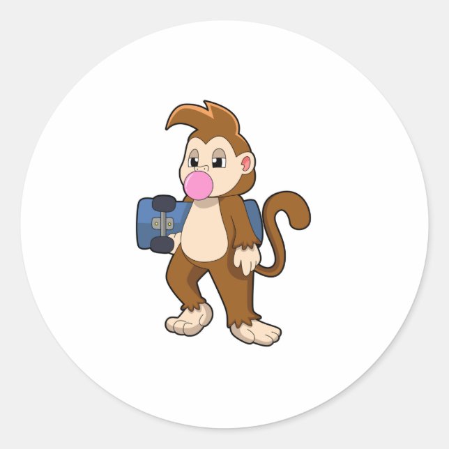Sticker Rond Singe comme patineur avec skateboard (Devant)