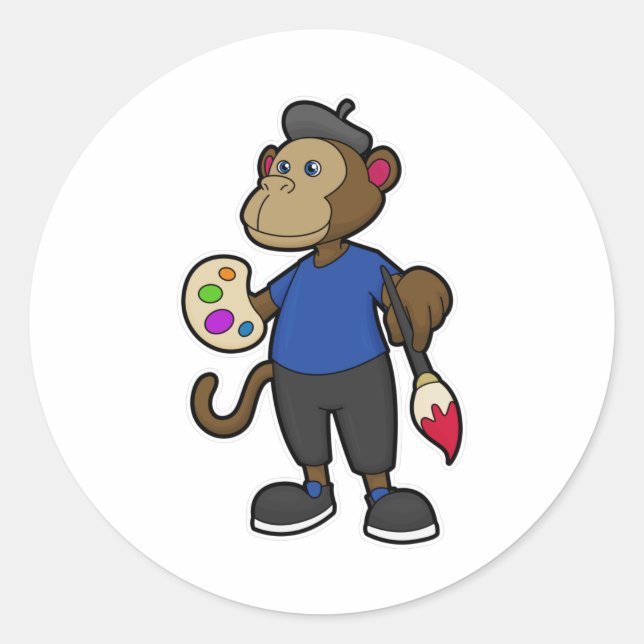 Sticker Rond Singe comme peintre avec peinture et pinceau (Devant)